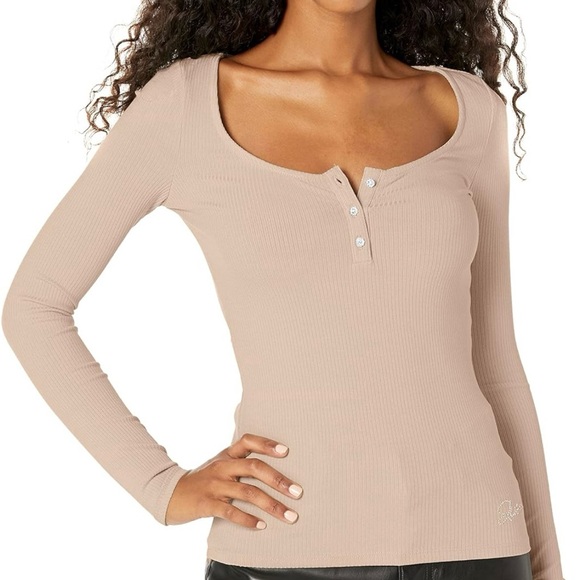 Guess Tops - Guess Karlee jewel long sleeve Henley ribbed LIGHT RUM